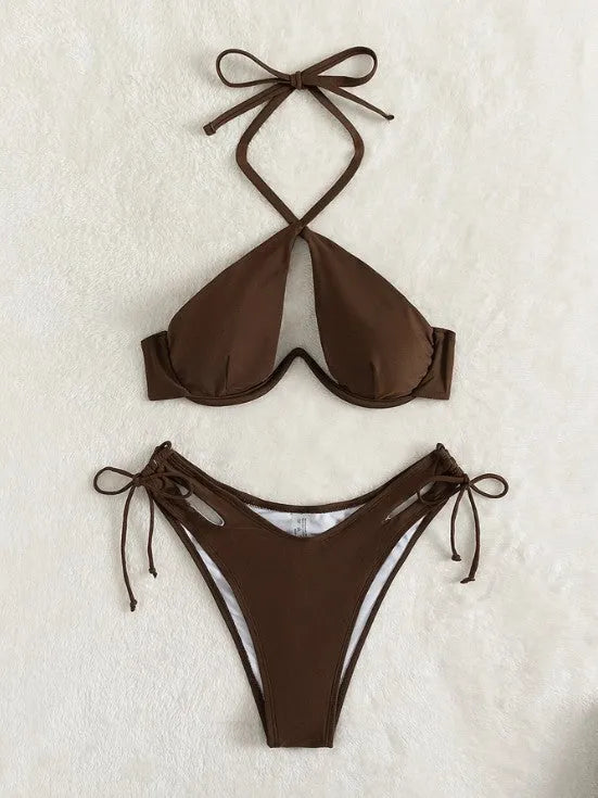 Women's brown halter neck bikini set with brief bottoms on a mannequin.