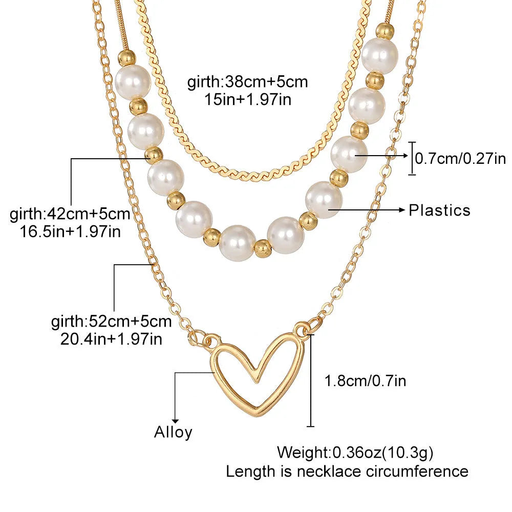 Vintage gold heart pendant necklace on pearl chain with adjustable 41-50cm length