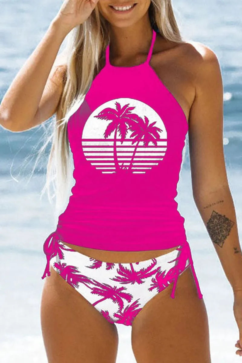 3D printed split swimsuit suit for women in brief style, sleeveless, nylon fabric, available in multiple colours