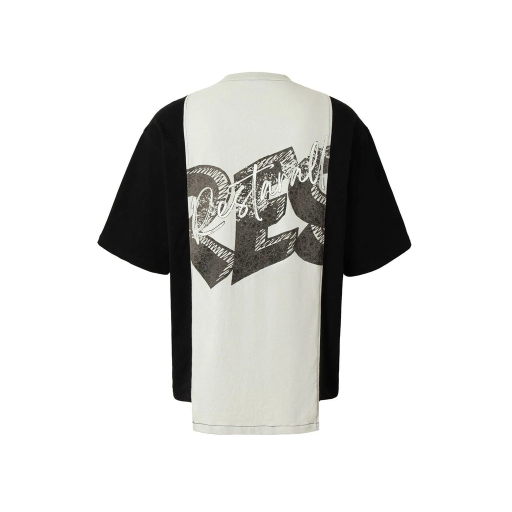 Mens black and white broken collage deconstruction printed cotton blend t-shirt with loose fit short sleeves