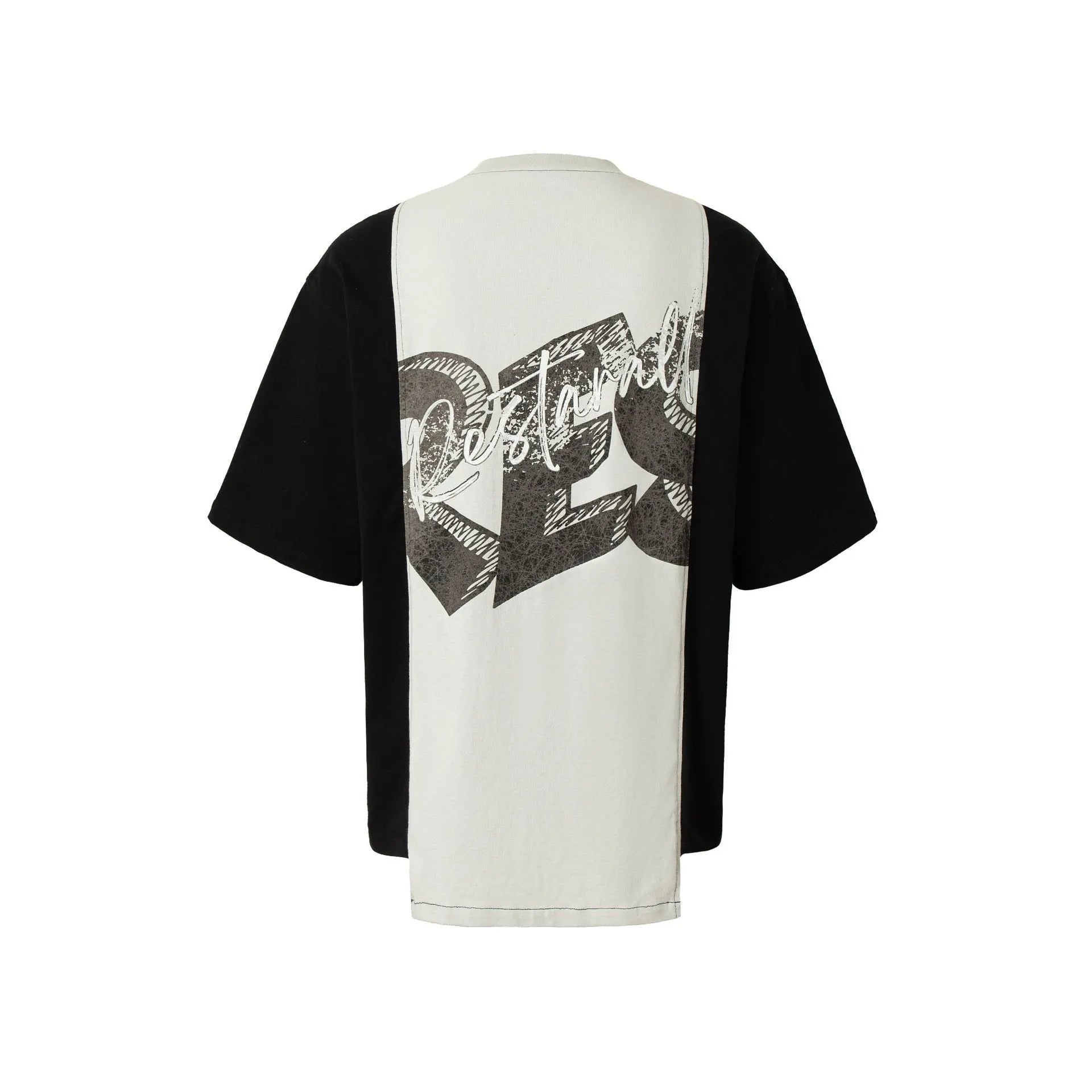 Mens black and white broken collage deconstruction printed cotton blend t-shirt with loose fit short sleeves