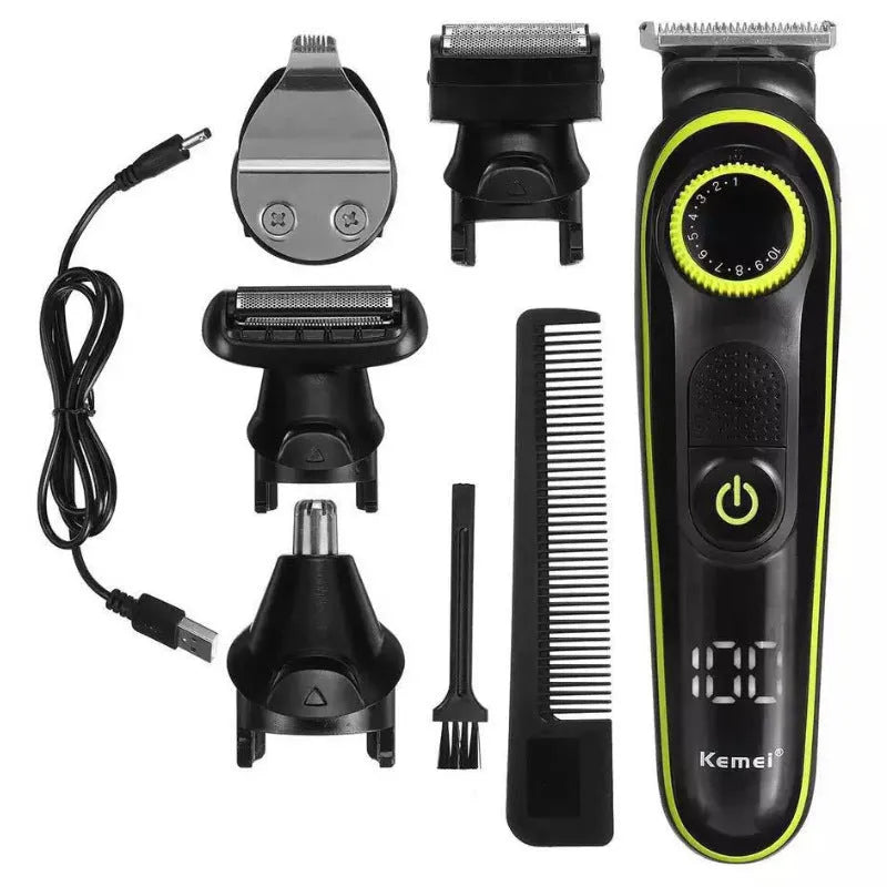 Black household electric hair clipper with USB charging port and stainless steel cutting blade