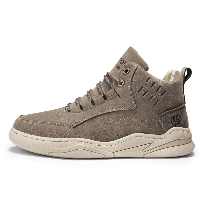 High-top board shoe in khaki with round toe and low heel