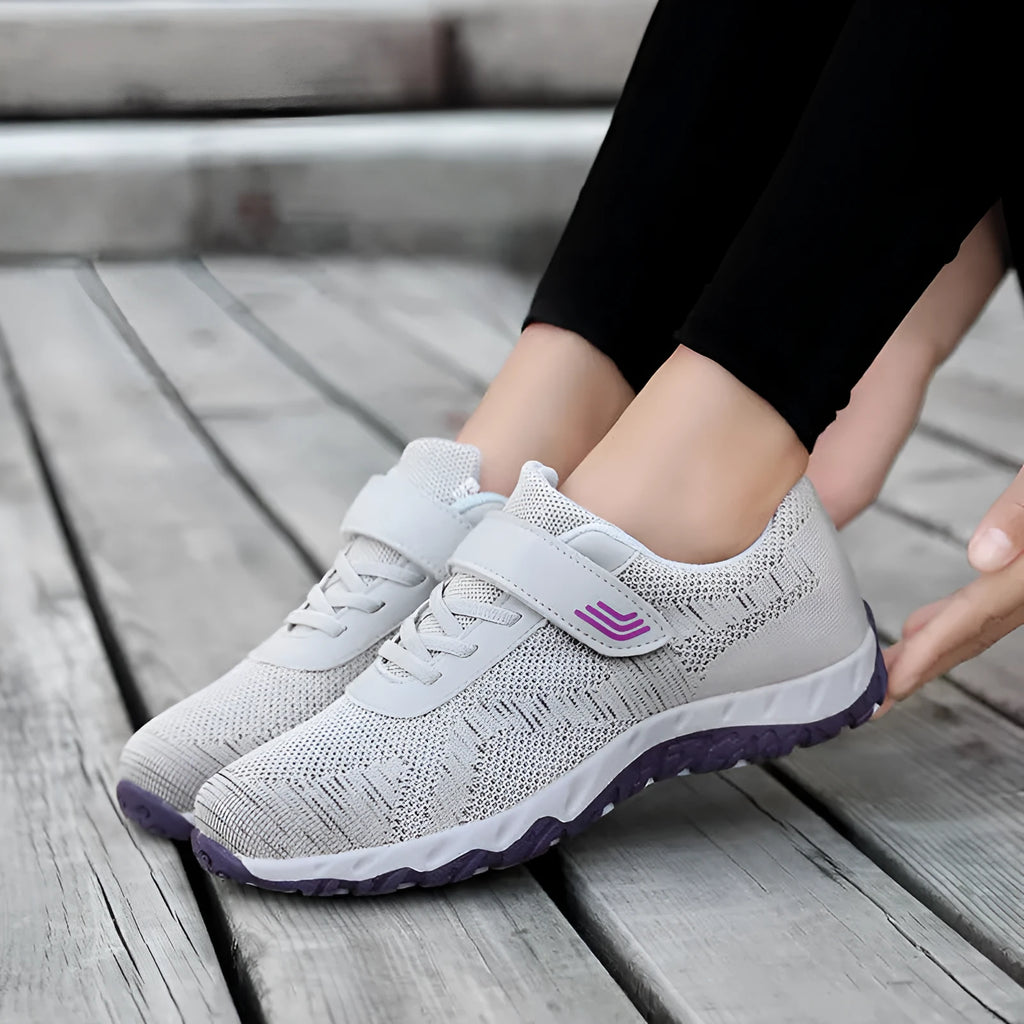 Women's gray purple low top wedge heel shoes with mesh upper and Velcro strap