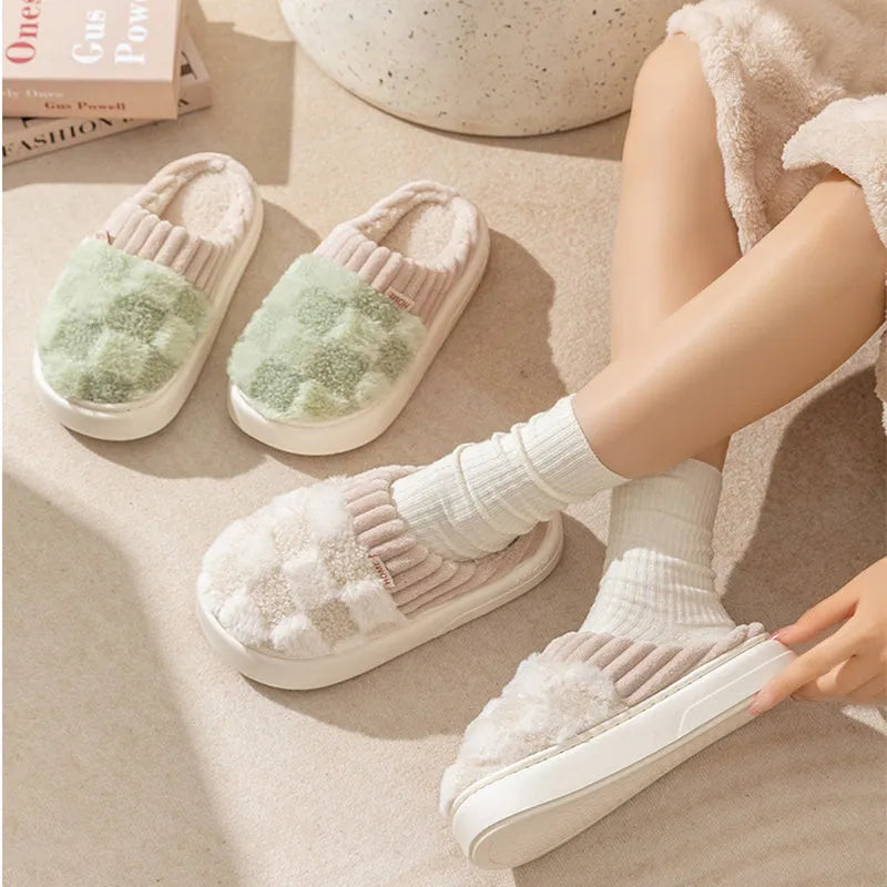 Women's plaid plush slippers with non-slip PVC sole, round toe, flat heel, in Coffee colour