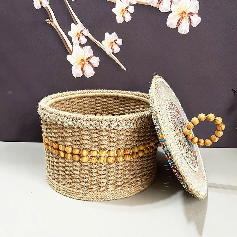 Hand-made brown rattan storage basket for snacks, cosmetics and sundries, available in 20cm and 23cm sizes.