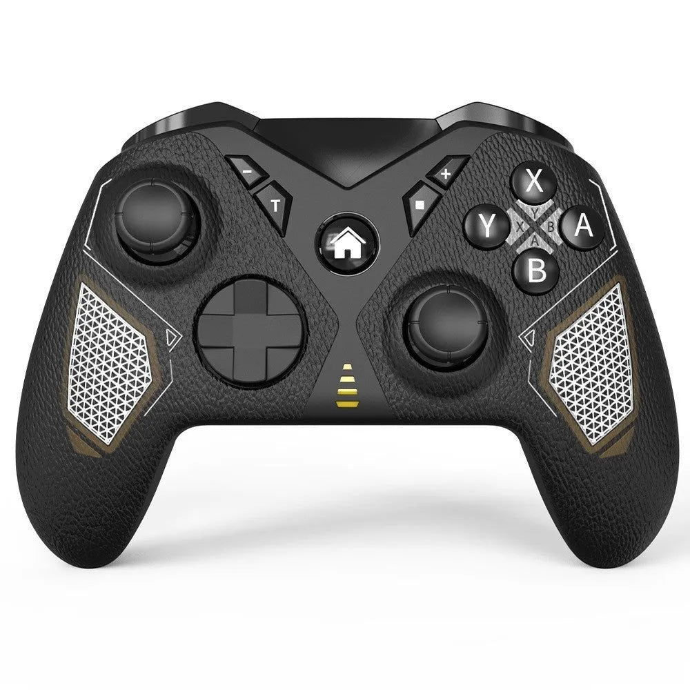 Black wireless game controller with leather-texture grips on ABS plastic shell, showing type-C port.