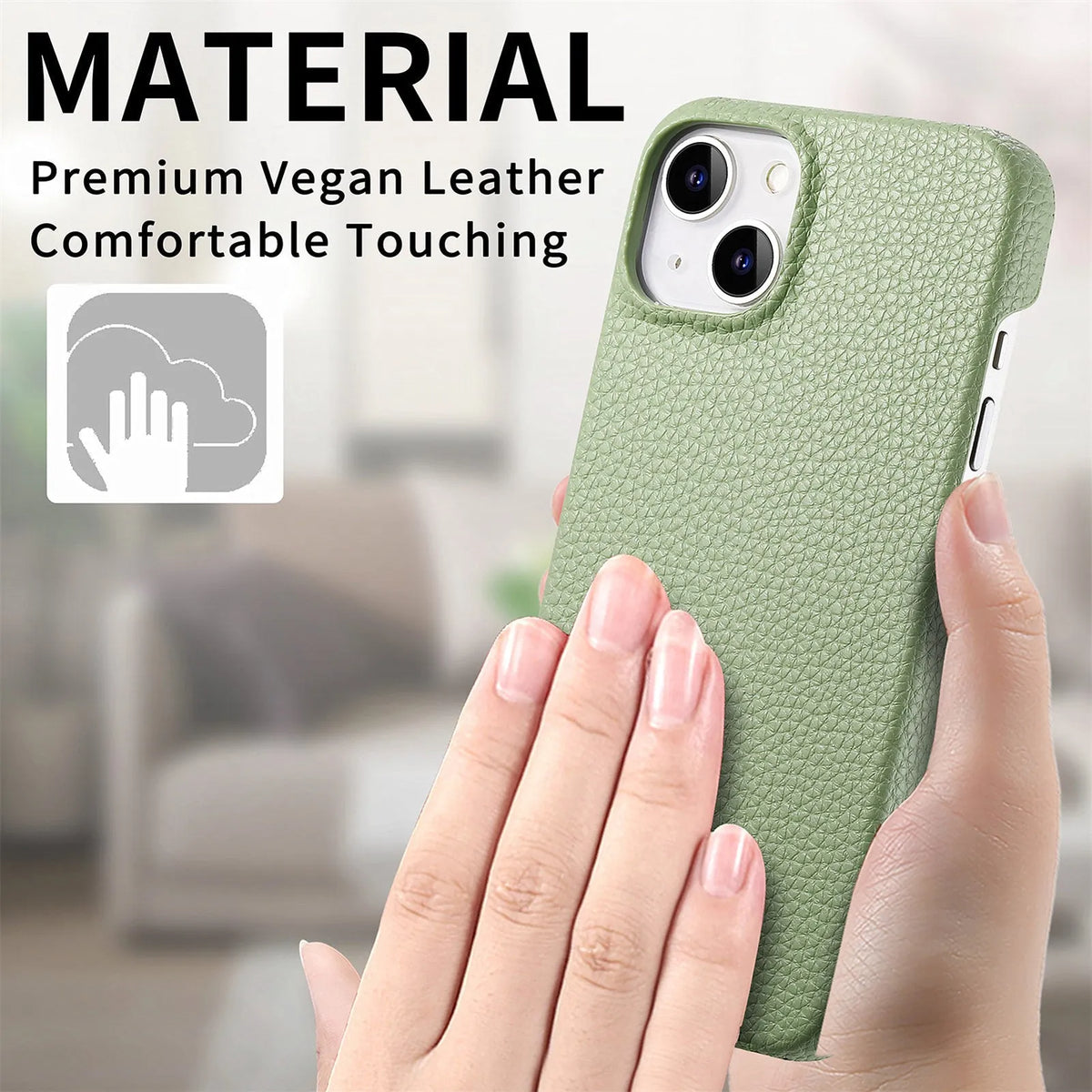 PU leather litchi grain iPhone case in matcha green with airbag and electroplating details