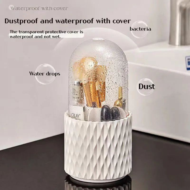 White rotating transparent acrylic makeup brush holder with dust-proof lid on desktop