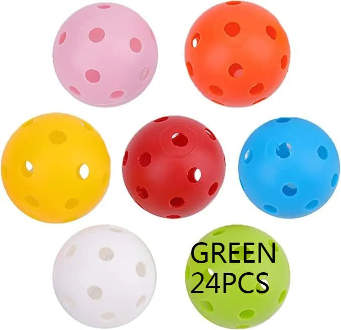 Six multi-coloured golf practice balls in red, orange, blue, green, white, and yellow, shown in a net bag.