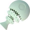 Blue fish bone shaped rubber dog chew toy on a white background.