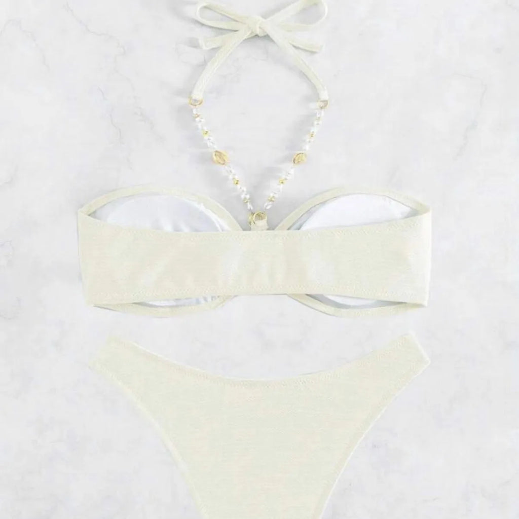 Women's halter bikini set in solid colour with briefs style for swimming