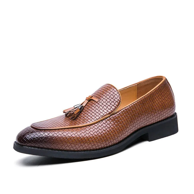Men's black pointed toe slip on shoes with a tassel detail, made from artificial PU material for business wear.