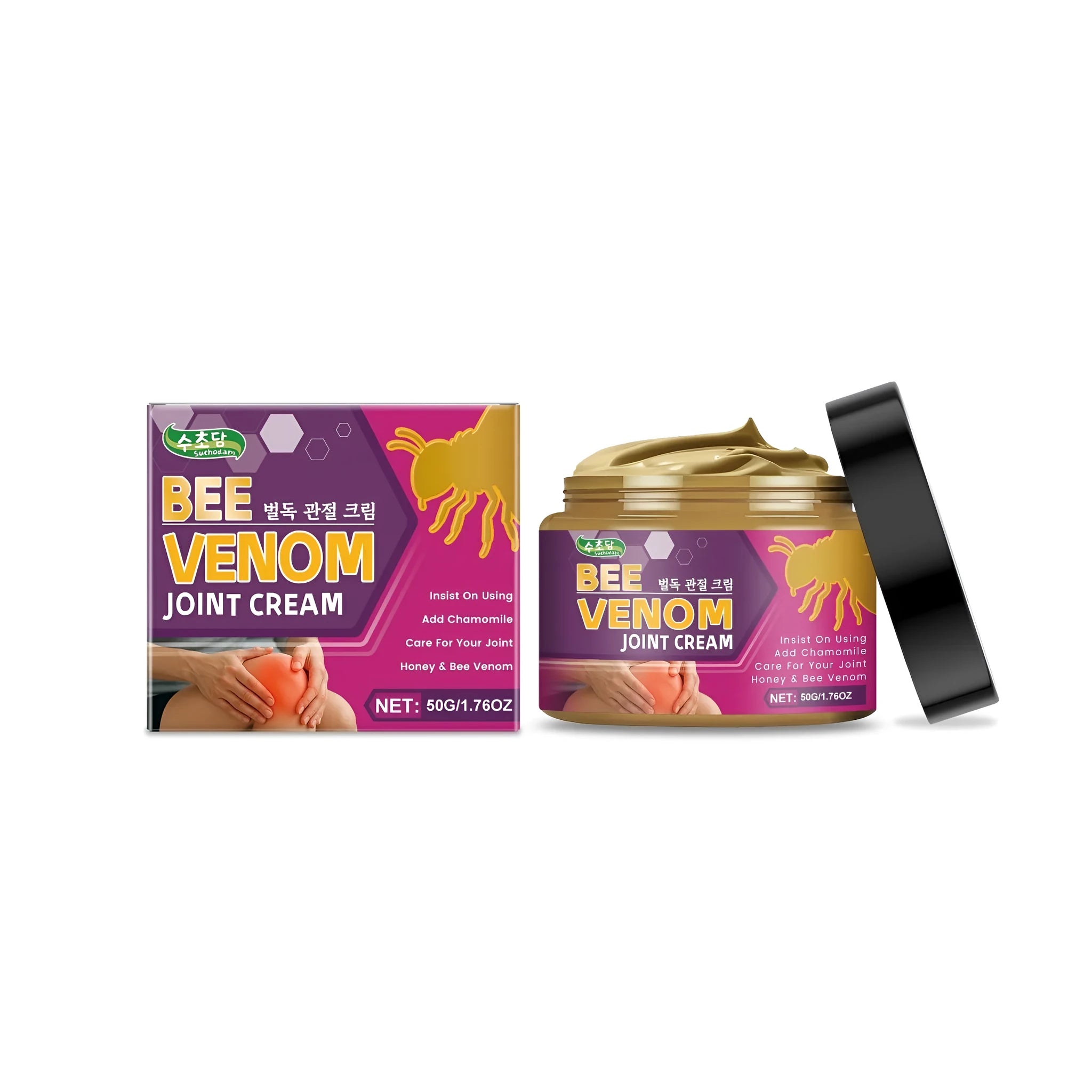50g tube of joint pain relief cream with ingredients chamomile, aloe, honey, and bee venom.