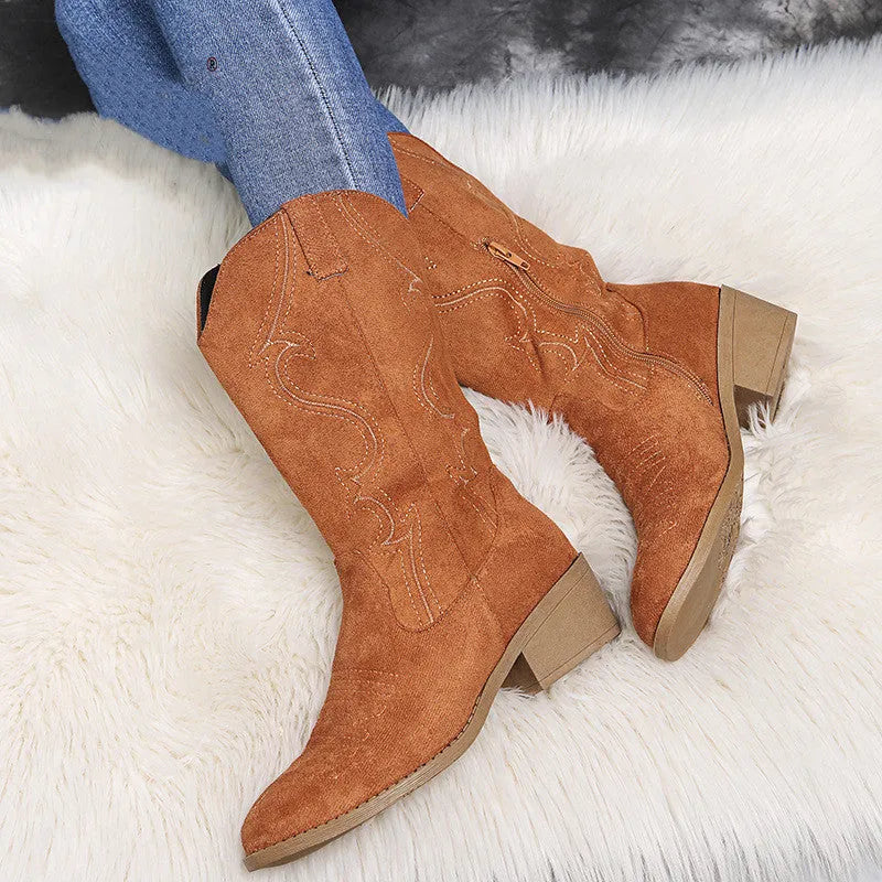 Pointed toe suede Chelsea boots with tapered mid heel 3-5cm in brown or khaki, sizes 36-41