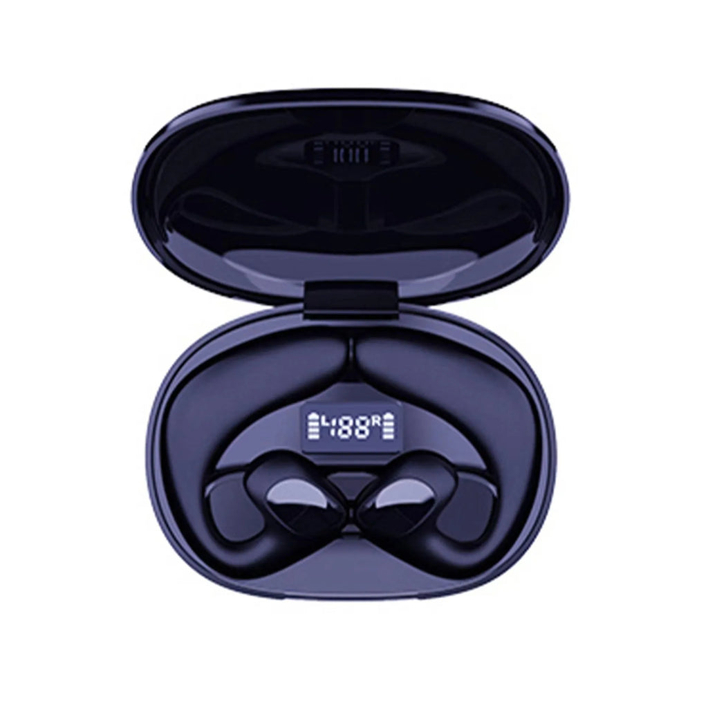 Wireless Bluetooth non-in-ear ear-mounted headset with digital display, available in black, blue, white, and skin colour