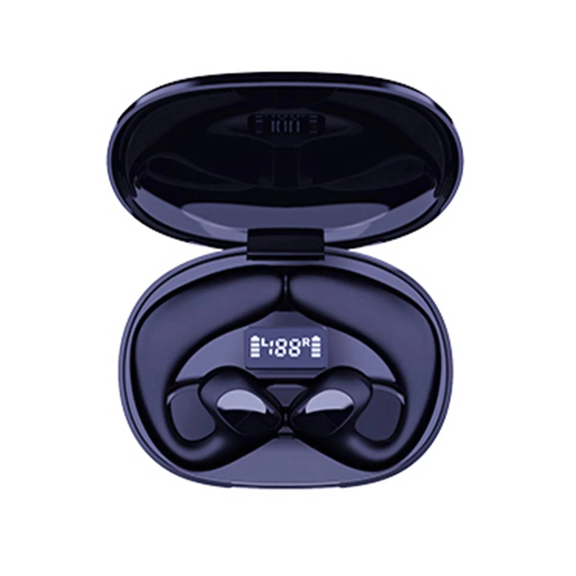 Wireless Bluetooth non-in-ear ear-mounted headset with digital display, available in black, blue, white, and skin colour
