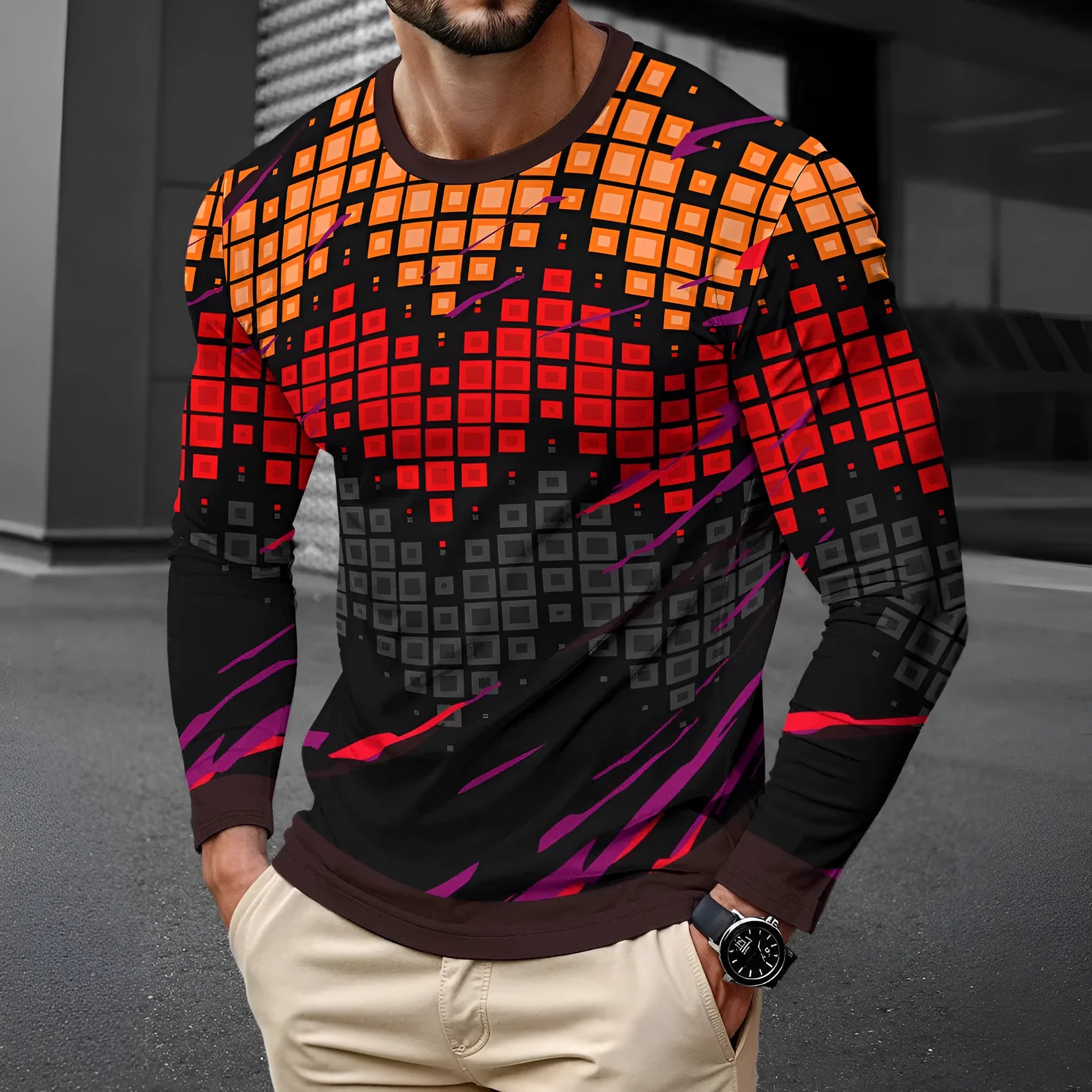 Men's long sleeve simple trendy round neck pullover top in milk silk fabric, available in multiple colours