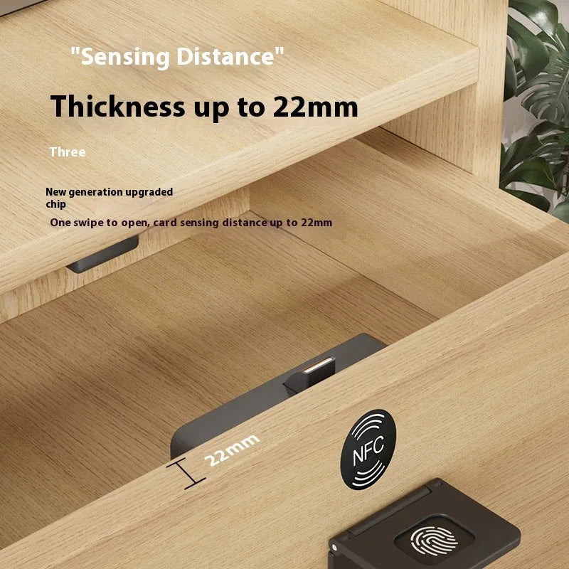 F079 punch-free invisible drawer lock with removable card key for no-drill installation.