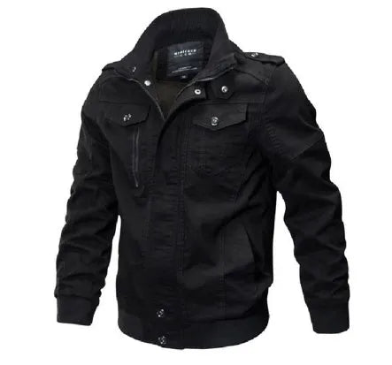 Plus size bomber military jacket for men in cotton washed finish with zip and button closure, available in 5XL and 6XL