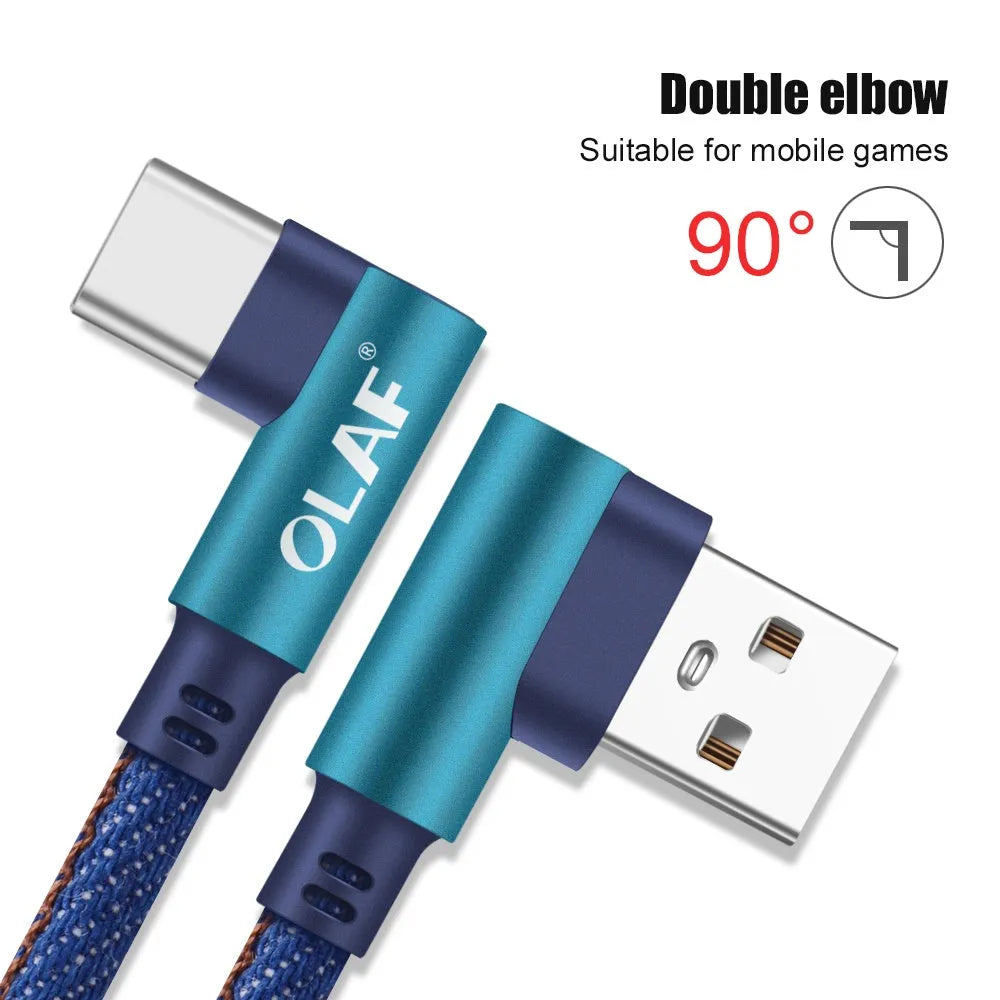 Denil fabric braided USB fast charging cable with aluminium alloy connectors in black and blue.