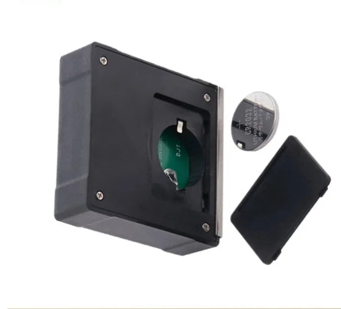 Black mini magnetic angle inclinometer, 55 x 55 x 16mm, 0.1° resolution, ±0.3° accuracy, 4×90° range.