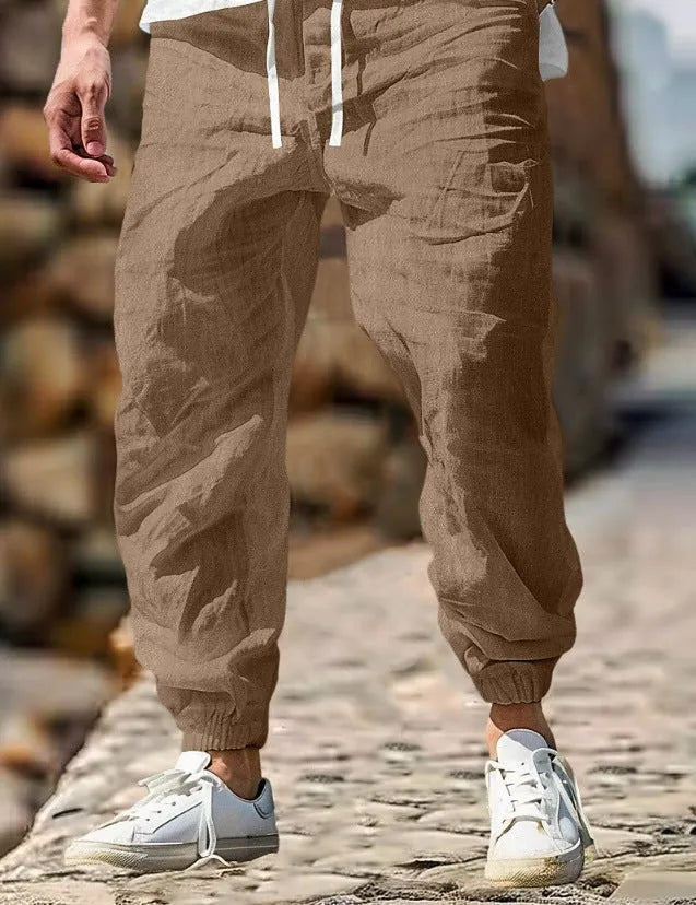 Men's straight leg cotton trousers with elastic waistband in seven colour options