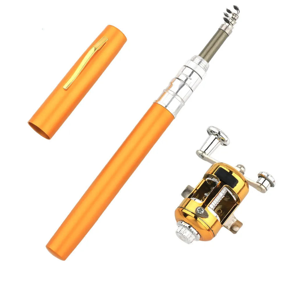 Portable telescopic fishing rod kit with gold reel and aluminium case, extended to 1m and collapsed to 20.5cm.
