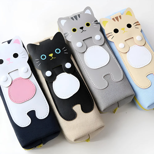 Canvas pencil case with cat cartoon design, large zipper opening, square shape, available in blue beige gray black
