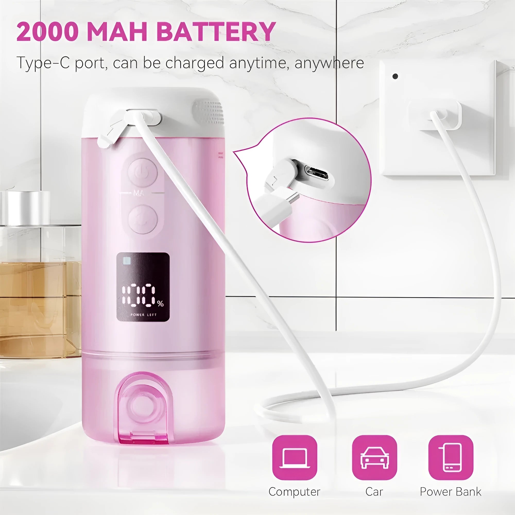 Portable electric oral irrigator in White+Purple with 250ml cup, LED screen, and Type-C charging port on a storage base