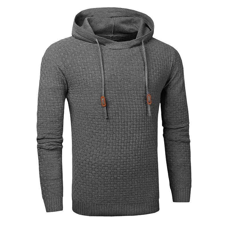 Men's black cotton-polyester hooded sweatshirt on a hanger, showing the front and hood.