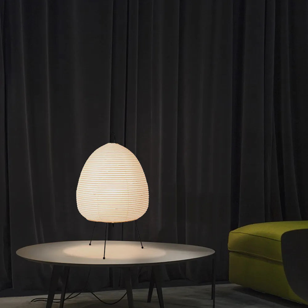 Japanese style rice paper table lamp with aluminium base and handmade shade showing three-tone dimming controls