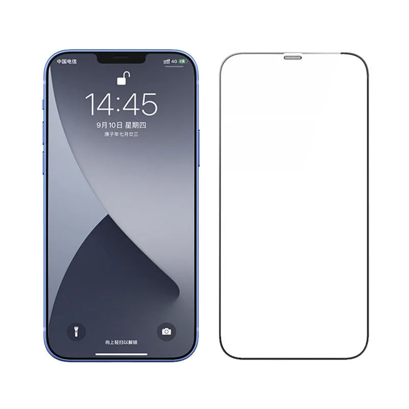 iPhone tempered glass screen protector showing anti-peeping, blue light, and dustproof colour variants