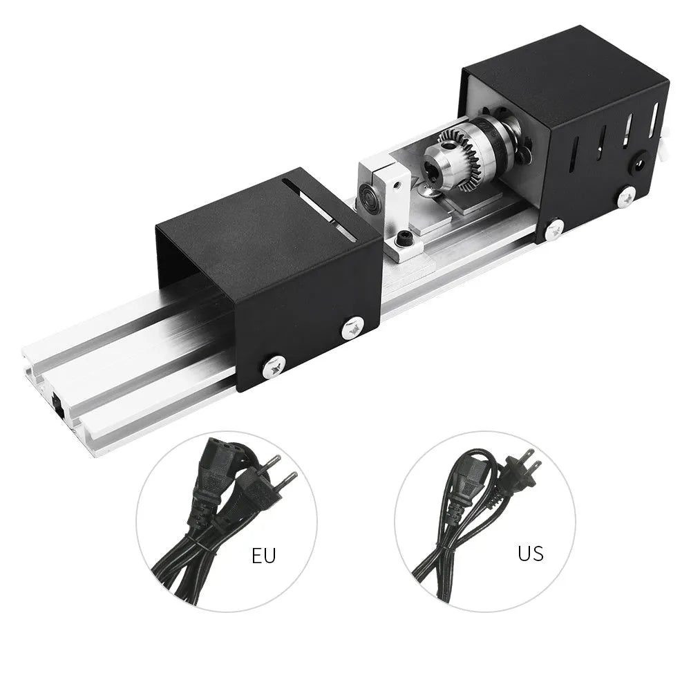 Mini manual woodworking lathe with silver metal finish and carving knives