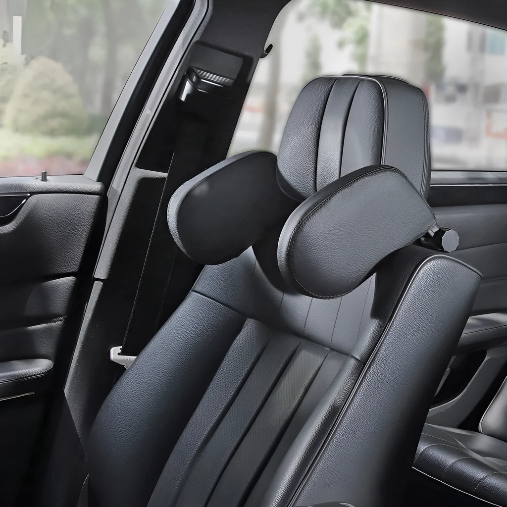 PU leather car headrest pillow with adjustable side support, 14x14cm, universal fit for car seats with 10-18cm headrest rod distance