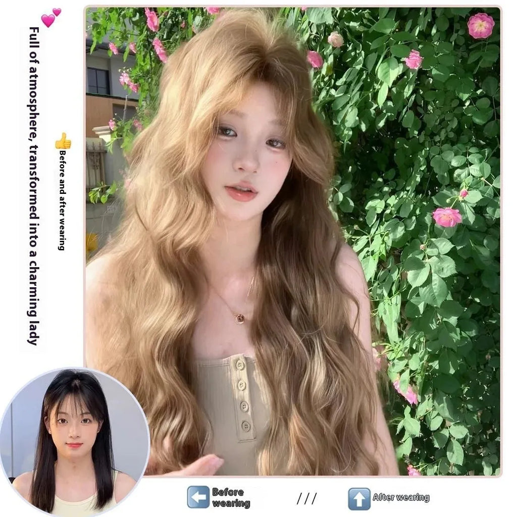 Linen brown synthetic wig with medium long curly hairstyle and hair net