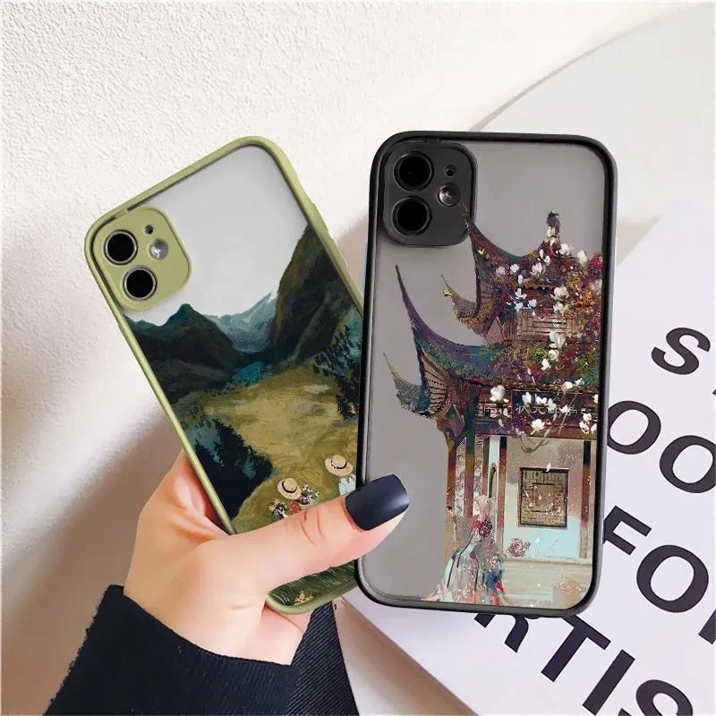Vintage cartoon scenery girl phone case for iPhone models with Japan and South Korea style, options A B C