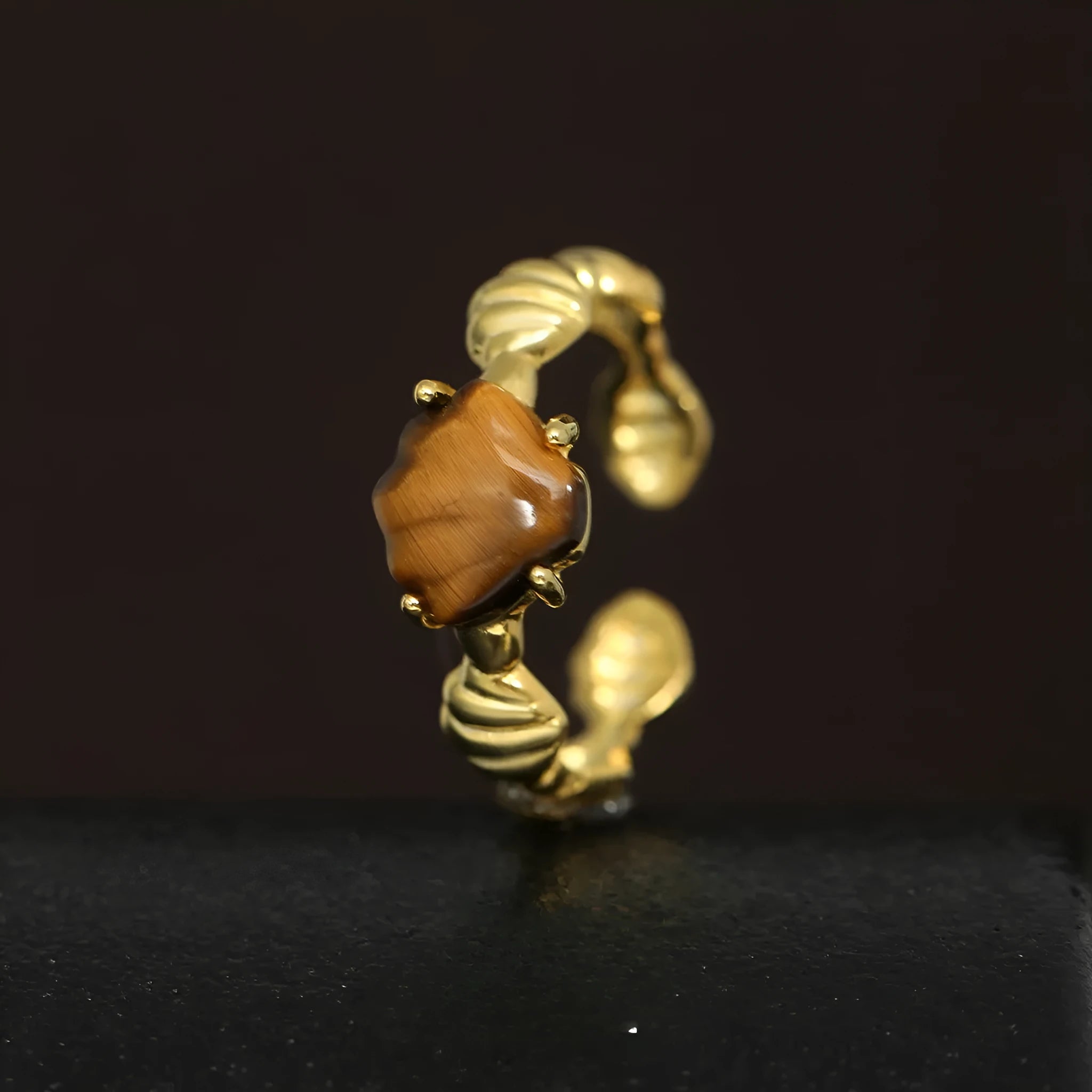 Adjustable silver women's ring with tiger eye and shell inlay in gold or white gold finish.