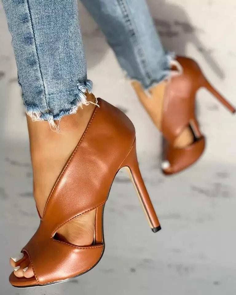 Women's high heel thin heel sandals, fish mouth toe, open side, artificial PU upper, rubber sole, black or brown