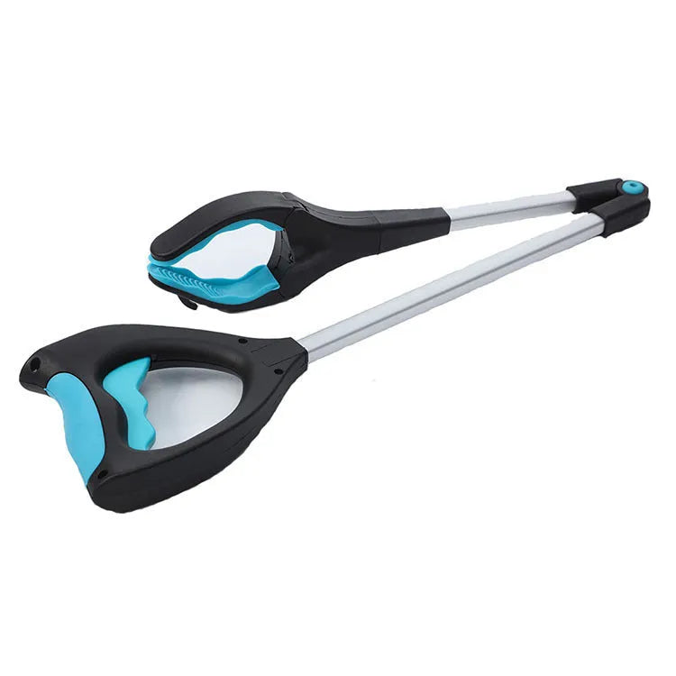 Blue telescopic aluminium fishing rod shown both extended and collapsed, with stainless steel reel seat and EVA handle.