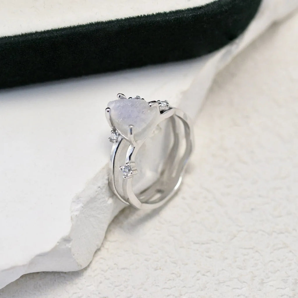 S925 sterling silver ring with an irregular triangle moonstone in a choice of gold-tone plating.