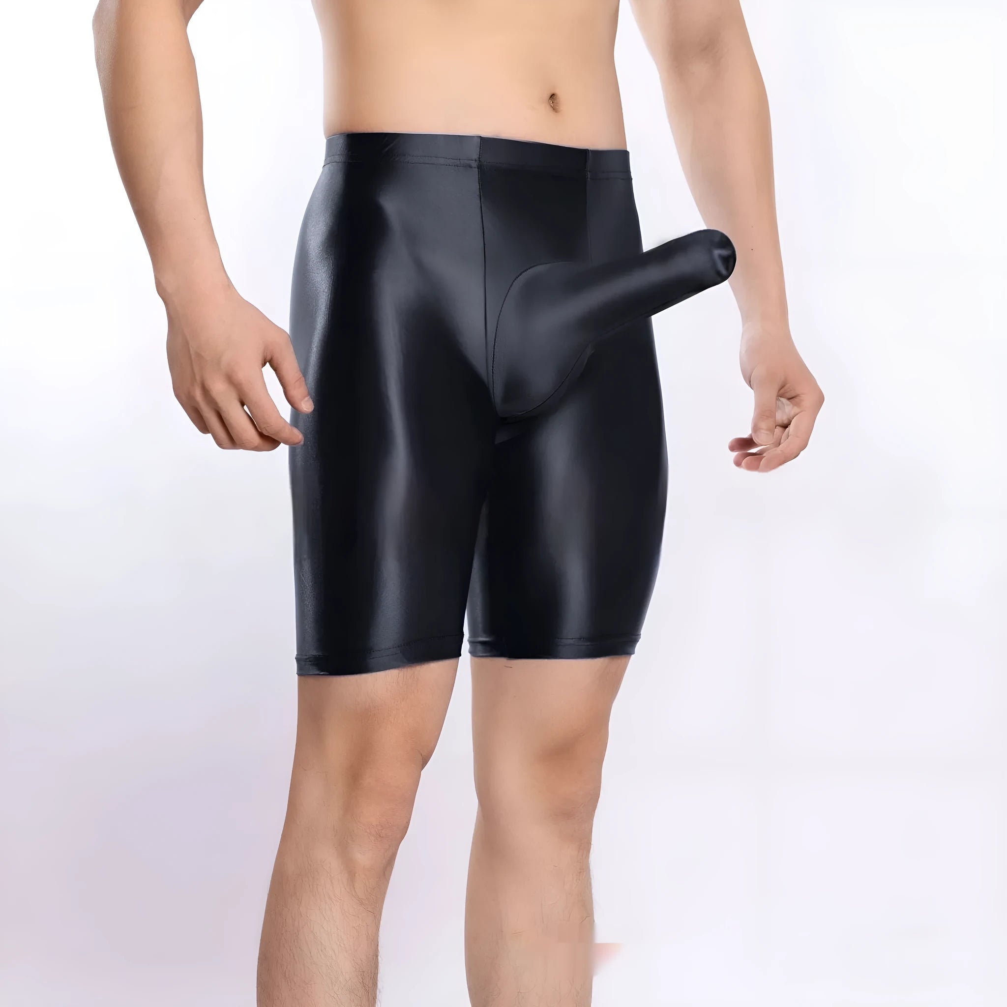 Man's shiny silky nylon sports shorts in plus sizes, shown in multiple colour options.