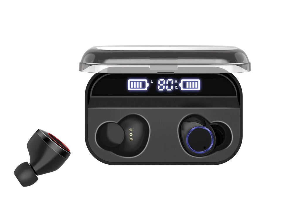 Black X11 wireless Bluetooth earbuds inside their white charging case, with silicone ear sleeves.