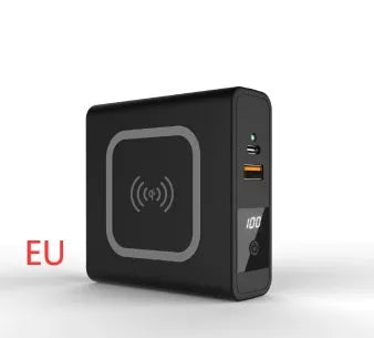 Black and white PD20W fast charging power bank with wireless capability and integrated plug