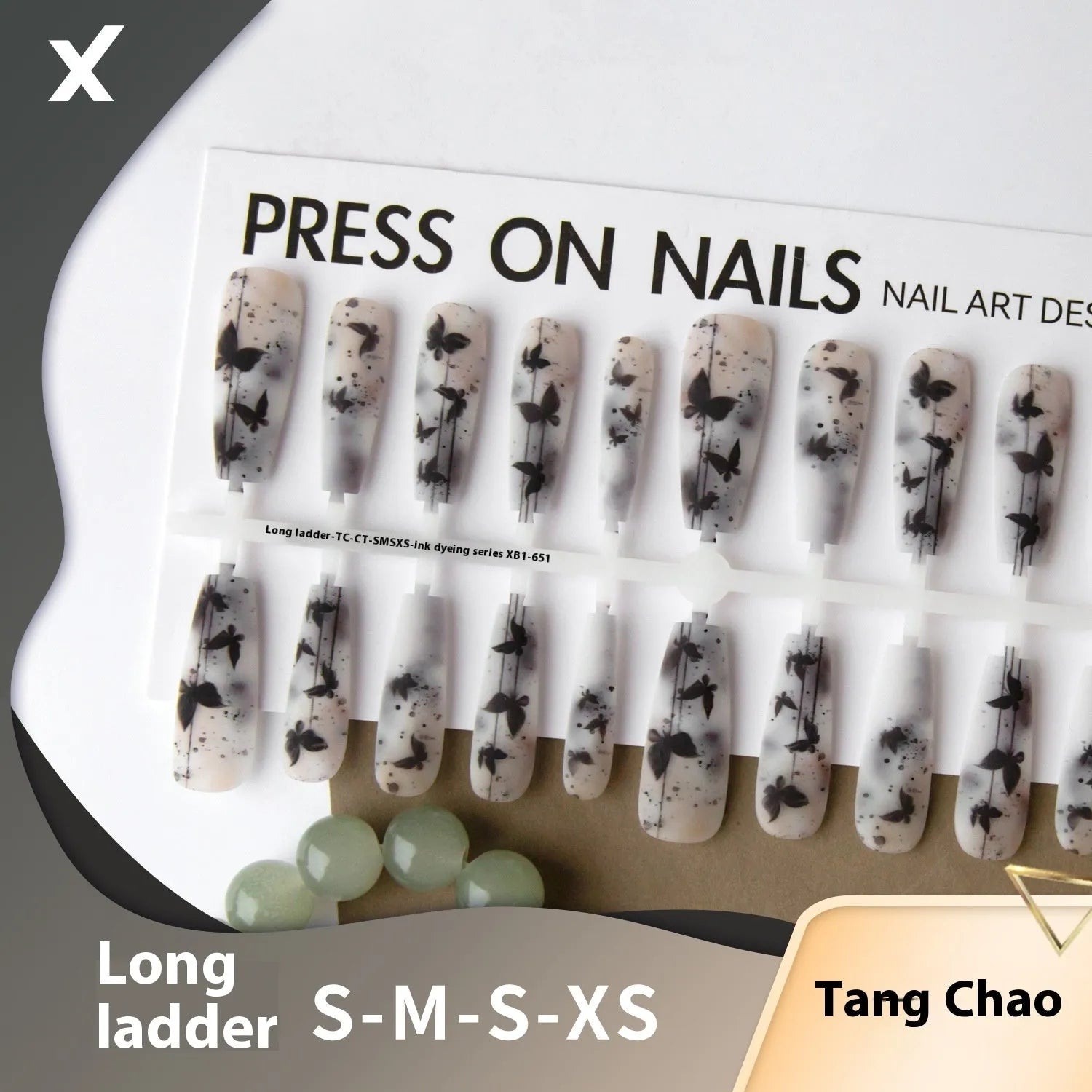 40 pieces ink dyed long ladder nail stickers with glossy seal layer butterfly design