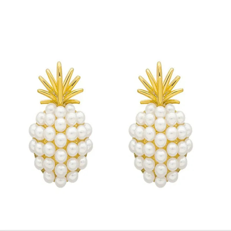 Korean style pineapple starfish pearl earrings with alloy electroplated finish and artificial gemstone inlays