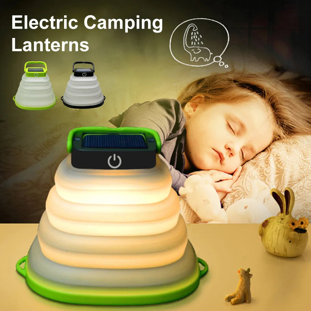 Collapsible camping lantern in Black or Green with solar panel, USB charging, 160lm warm white light, IP68 rating, and 2.5cm folded thickness
