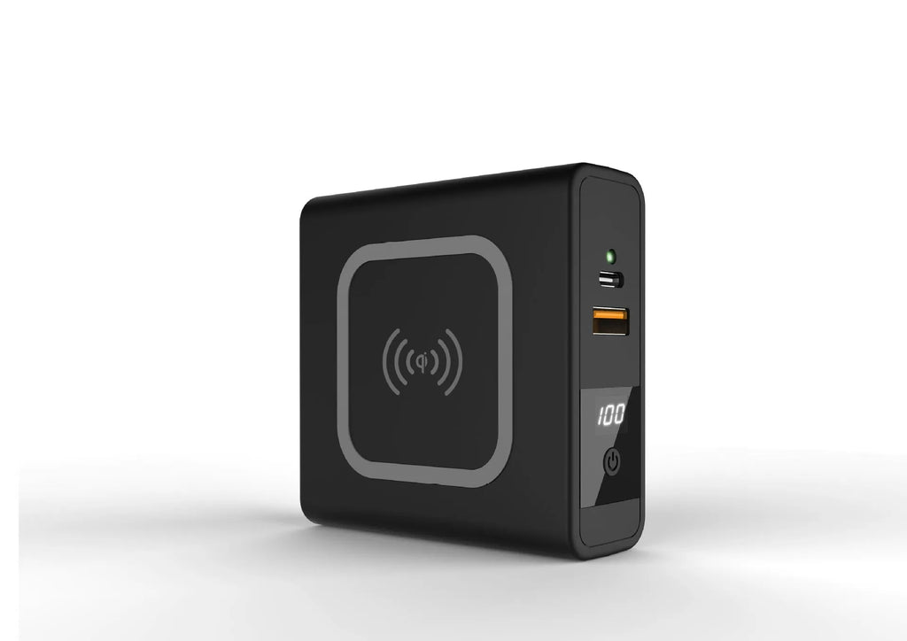 Black and white Super QI 10000mAh power bank with built-in plug and international travel adaptors set.