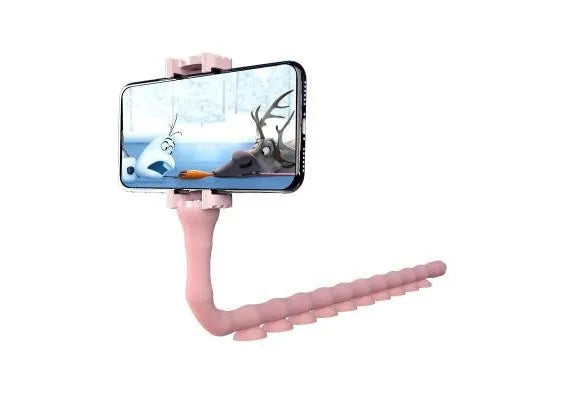 Flexible rubber phone holder with suction cup mount showing 360 degree rotation capability