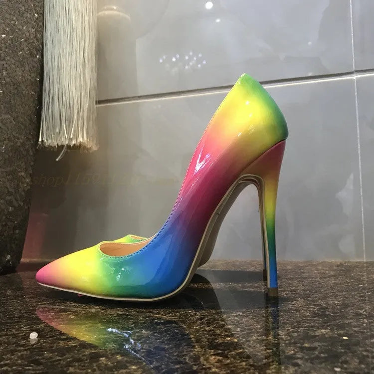 Rainbow patent leather women's high heels with pointed toe and ultra-high thin heel